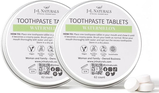J&L Naturals Toothpaste Tablets | 62-Pack Travel-Friendly Toothpaste | Fluoride + Plastic Free, Vegan, Cruelty Free, Sustainable | Woman-Owned Small Business (Watermelon, 62 Count (Pack of 2))