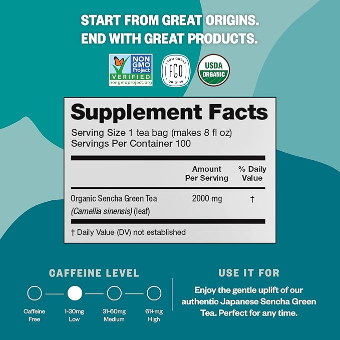 FGO Organic Sencha Green Tea, 100 Count, Eco-Conscious Tea Bags, Resealable Bag, Sourced From Japan, Packaging May Vary (Pack of 1)