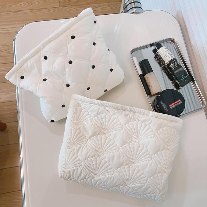 HAPPYHEIDI Aesthetic Quilted Makeup Bag Cosmetic Travel Pouch Purse Organizer, Canvas Lined, Cute Embroidery Diamond Dots Creamy White Silky Polyester