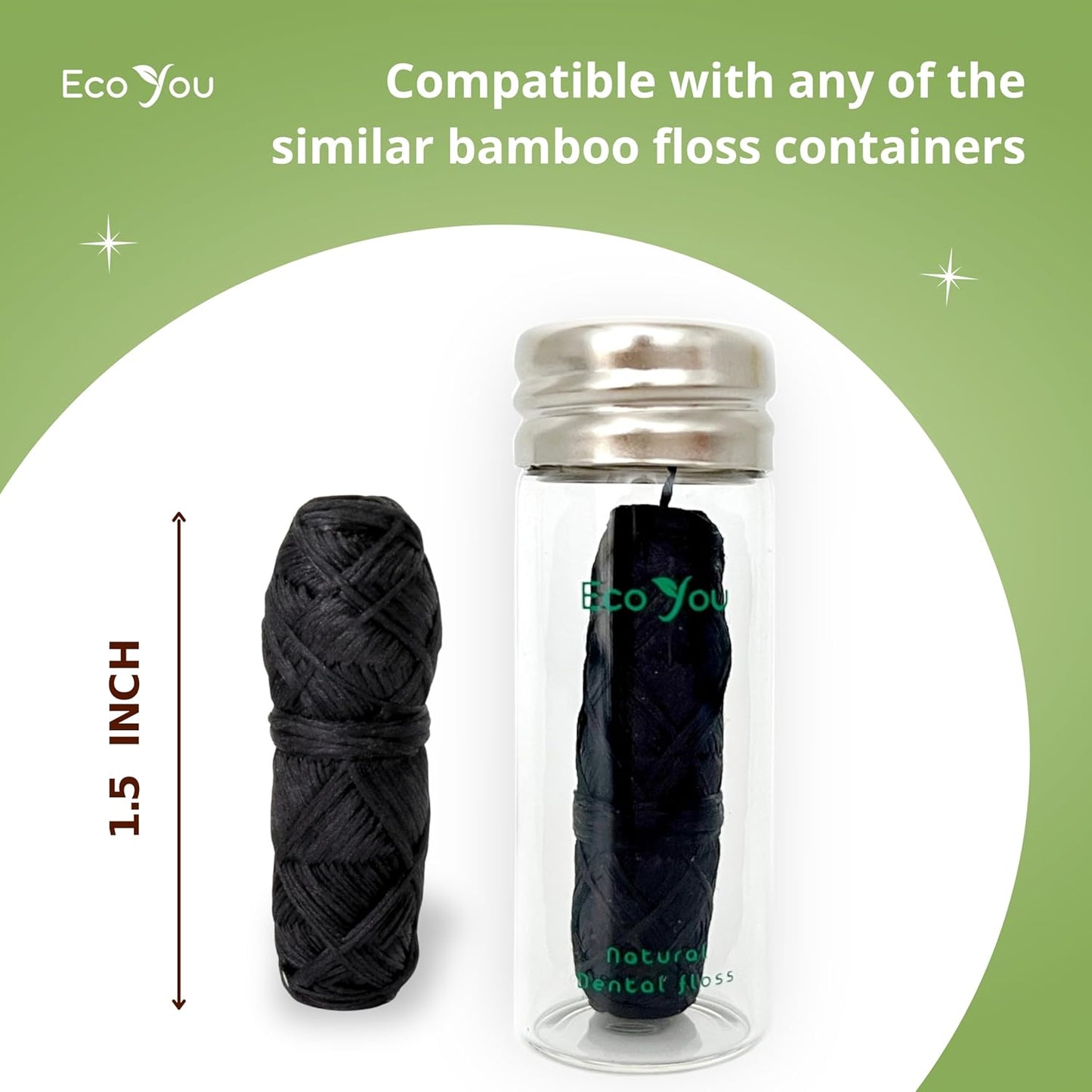 Charcoal Bamboo Floss | 2 Natural Floss Refill with Glass Container | Organic Mint & Candelilla Wax | Vegan & Biodegradable | Compatible w/Similar Dental Floss Silk Refill Containers