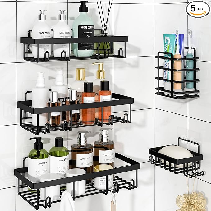 5 Pack Shower Caddy Organizer Rack Shelf for Inside Shower, Adhesive Bathroom Wall Storage Basket Rustproof Stainless Steel Shampoo Holder, Bathroom Accessory Decor Set, Black.