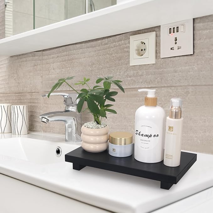 Black Bathroom Vanity Counter Tray Decor Farmhouse Wood Risers Kitchen Soap Sink Tray for Countertop Decorative Hand Soap Dispenser Holder Wooden Pedestal Stand Modern Bathroom Organizer Accessories