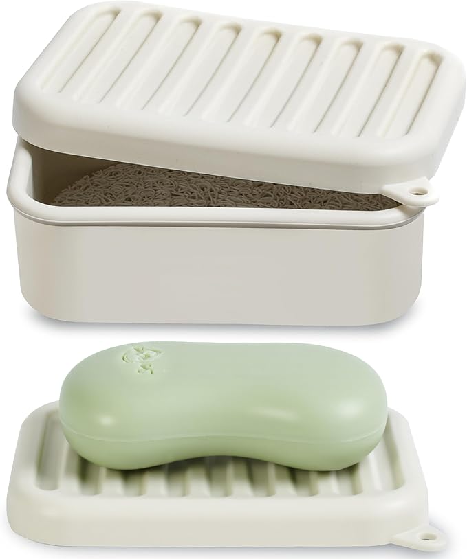 Portable Leakproof Travel Soap Case, Silicone Travel Soap Case, Compact Soap Holder with Drainage Layer, Travel Soap Holder for Camping, Gym, Outdoor (Rice-White)