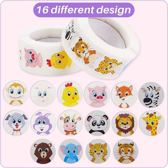 1000 PCS Small Cute Animal Stickers for Kids Teachers Classroom Party(1" Diameter / 2 Roll / 16 Designs)