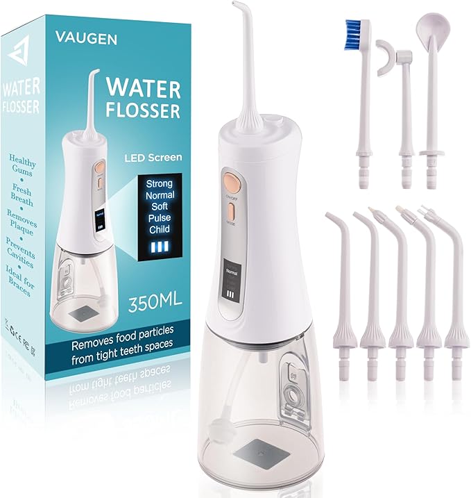 Portable Water Flosser – Cordless Oral Irrigator for Teeth Cleaning | 8 Jet Tips and 5 Modes | Travel and Home Use | Rechargeable and IPX7 Waterproof – White