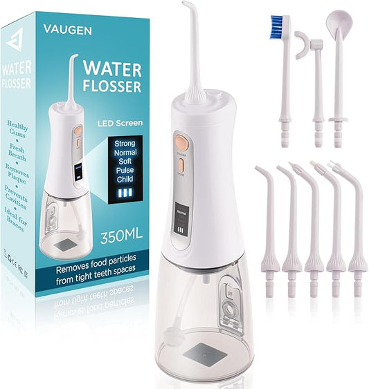 Portable Water Flosser – Cordless Oral Irrigator for Teeth Cleaning | 8 Jet Tips and 5 Modes | Travel and Home Use | Rechargeable and IPX7 Waterproof – White
