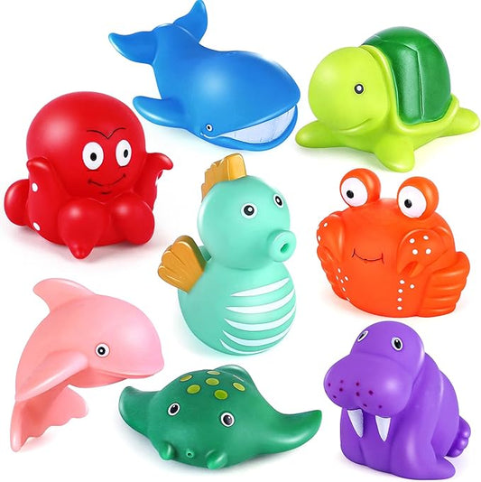 LotFancy Bath Toy, 8PCS Mold Free Bath Toys for Kids Ages 1-3, No Holes Baby Bath Toys for Toddlers 2-4, Ocean Sea Animal Bathtub Toys, Soft Floating Pool Water Table Toys