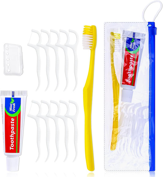 50 pcs Disposable Toothbrushes with Toothpaste and Floss Set,Yellow Individually Wrapped Bulk Single Use Toothbrush Floss Cover Travel Toothbrushes Kit with Zip Bag for Homeless,Hotel,Guest
