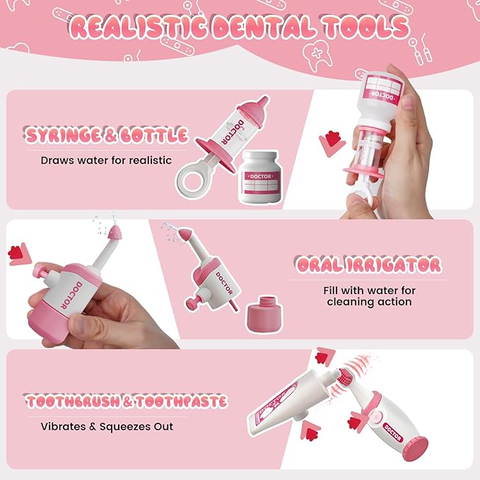 Toy Doctor Kit for Toddlers, Kids Dentist Play Set with Dentist Chair, Doll Toy, Stethoscope, Large Carrying Storage Bag, Dental Accessories, Pretend Doctor Play Medical Gift Kit for Girls(Pink