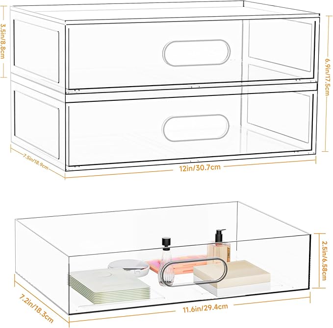 2 Pack Clear Makeup Storage Drawer, 12''W Stackable Bathroom Organizers and Storage Drawer, Acrylic Cosmetic Display Case For Vanity, Undersink, Cabinets, Desk Organizer