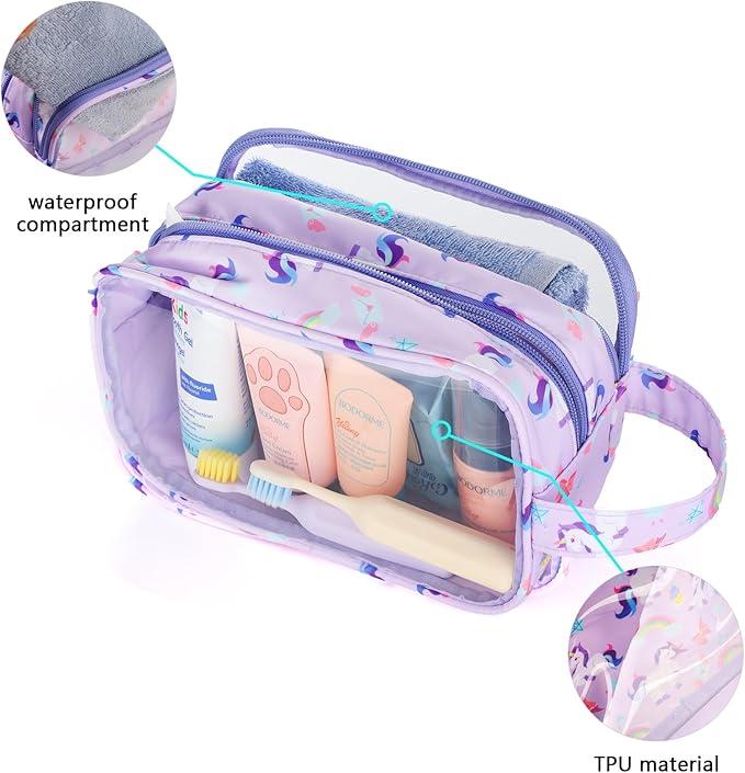 Kids Toiletry Bag for Girls, Travel Clear Toiletry Bag for Little Young Girls Cosmetic Bag Makeup Bag Waterproof Hanging Toddler Wash Bag, Purple Unicorn