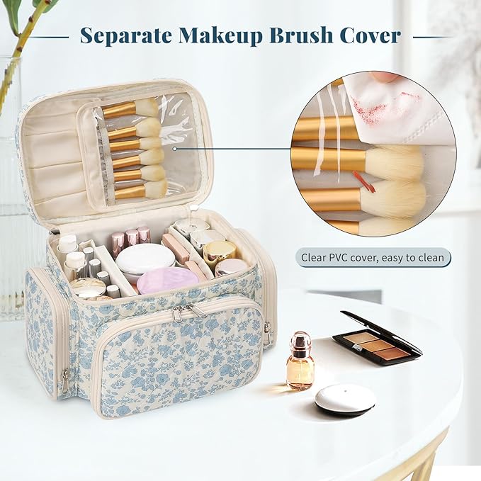 Large Cotton Makeup Bag, Quilted Floral Makeup Bag Organizer for Women Girls with Makeup Brush Compartment & Two Side Pockets, Cosmetic Travel Bag Vertical Storage- Blue Flower