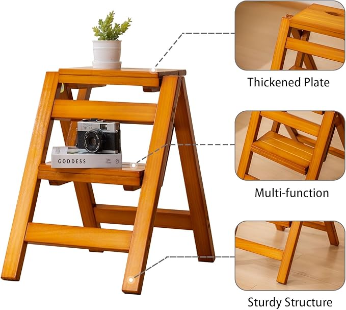 Latifolia Foldable 2 Step Stool, Wooden Step Stool with Floor Saver, Decorative Ladder Shelf for Living Room, Kitchen, Garden(Walnut)