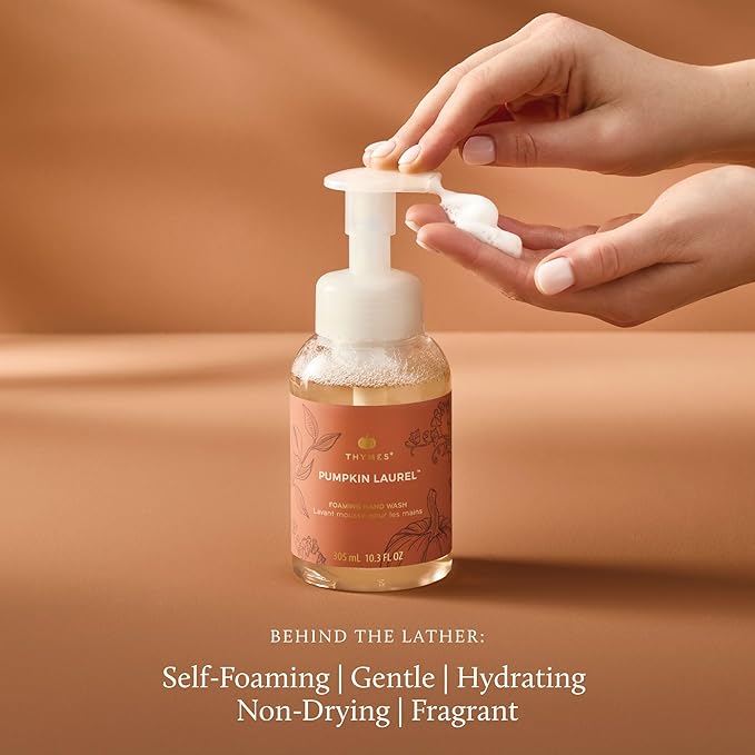 Thymes Foaming Hand Wash with Aloe & Glycerin - Fall Scented Foaming Hand Soap with Pump - Fall Decor - Fall Soap with Notes of Nutmeg, Cinnamon, Clove & Creamy Pumpkin (Pumpkin Laurel, 10.3 fl oz)