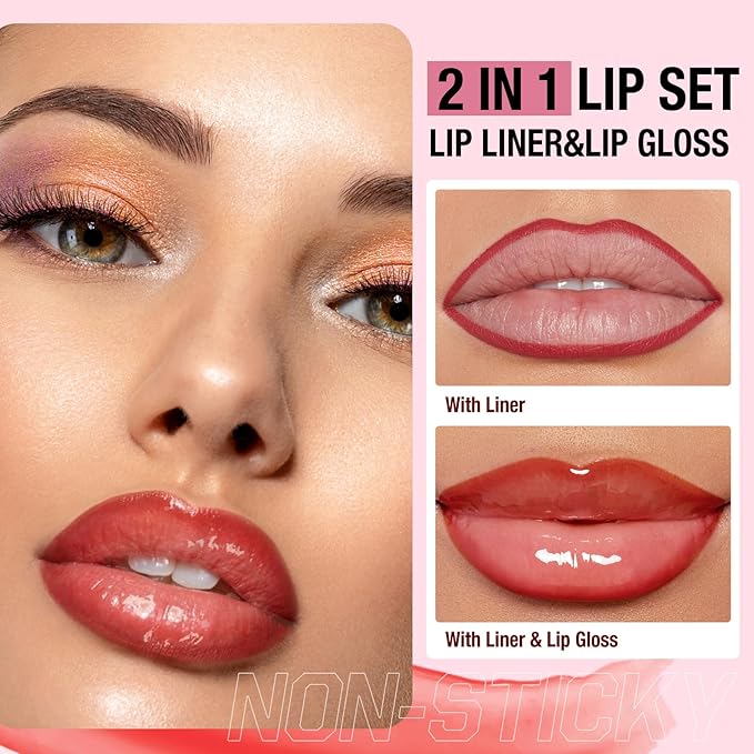 Jolilab Matte Lip Liner Lip Oil Set, Lip Makeup Set Natural Smooth Long-Lasting And Hydrating Beauty Daily Cosmetics Gift for Girls Easy-to-Use（10pcs）