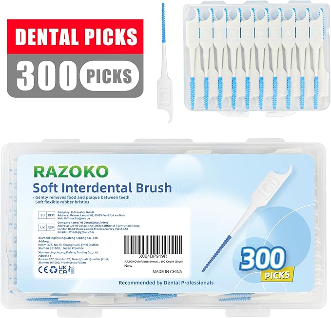 RAZOKO Soft Interdental Brushes Original, Dental Picks for Cleaning Teeth, Disposable Interdental Brushes, with Convenient Carry Case (Blue, 300 Count)
