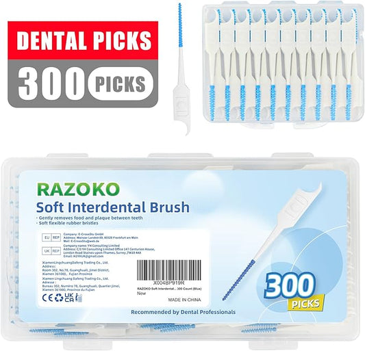 RAZOKO Soft Interdental Brushes Original, Dental Picks for Cleaning Teeth, Disposable Interdental Brushes, with Convenient Carry Case (Blue, 300 Count)