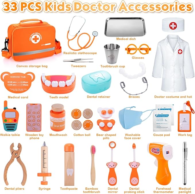 Doctor Kit for Kids, 33 Pcs Wooden Dentist Play Set for Toddler 3-5 with Real Stethoscope & Dental Tools, Pretend Playset Medical Toys Storage Bag Educational Role Play Doctor Toys Gift for Boys Girls