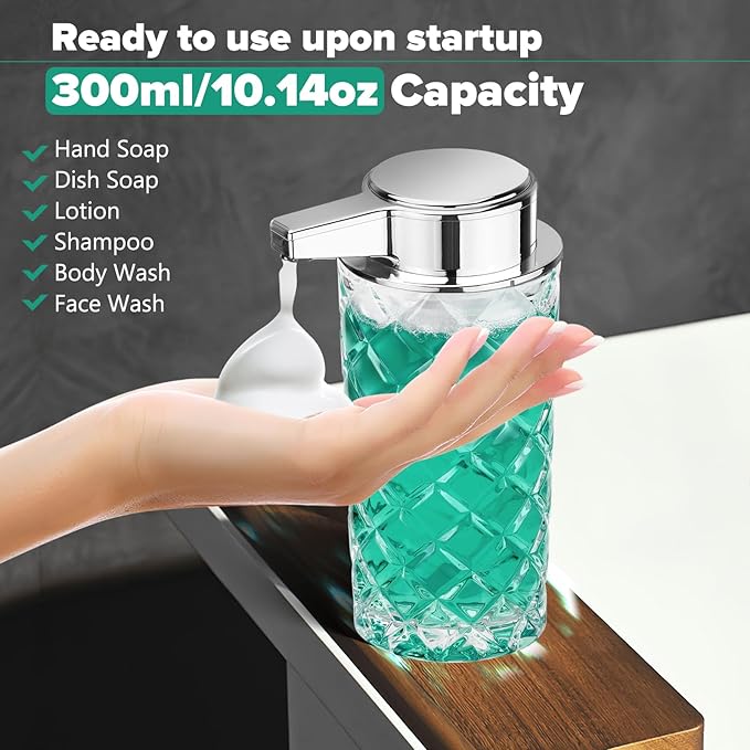 Automatic Soap Dispenser Foam for Kitchen: 11 OZ Glass Touchless Clear Auto Foaming Soap Dispenser for Bathroom - Hand Dish Lotion Home Countertop Kids - Family Couple