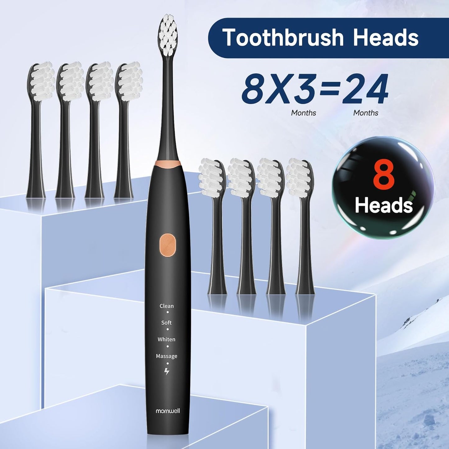 mornwell Sonic Electric Toothbrushes, Rechargeable Electric Toothbrush with 8 Brush Heads 76000 VPM Deep Clean 4 Modes, Travel Toothbrushes Fast Charge 4 Hours Last 45 Days for Adults and Kids