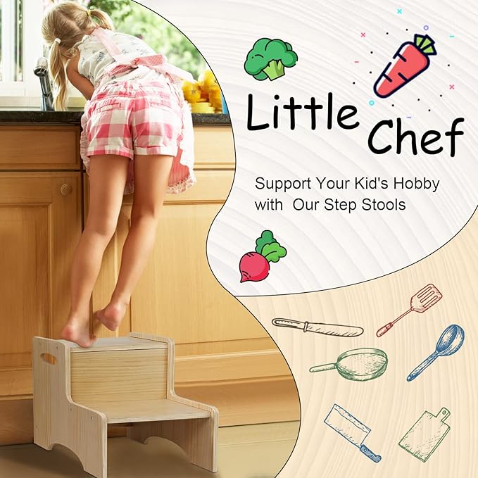 WOOD CITY Toddler Step Stool for Kids, Wooden Two Step Children's Stool with Handles, Bonus Non-Slip Pads for Safety, Bathroom Potty Stool & Kitchen Step Stools Dual Height