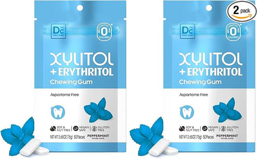 DC24 DAILY CARE Gum, Aspartame Free & Sugar Free Gum, Xylitol Chewing Gum with Erythritol, Low-Calorie, Sugarless, Natural Peppermint, 50 Pieces (Pack of 2)