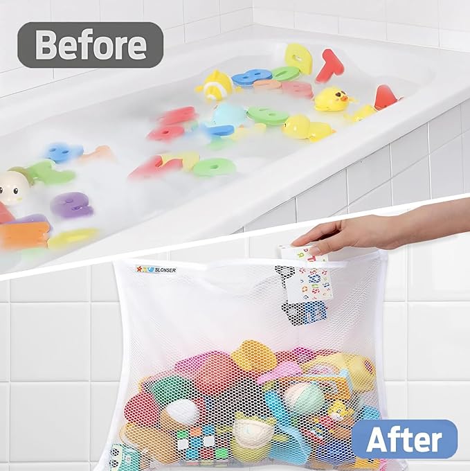 2 x Large Bath Toy Holder, Kids Bath Tub Toy Basket, Corner Mesh Bag, Baby Bathtub Storage Organizer, Bathroom Net Bucket, Toddler Shower Caddy Hanging Bin with 6 Suction Cups, 4 Adhesive Wall Hooks