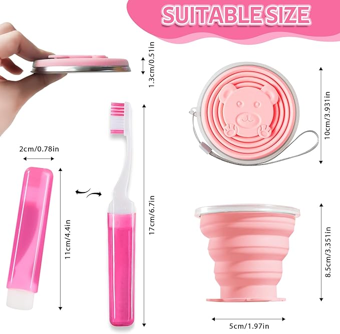 Toothbrush Travel Case, Travel Toothbrush Silicone Collapsible Toothbrush Cup, Travel Toothbrush Set Suitable for Business Camping Travel or Daily Use (Pink)