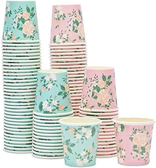 Sparkle and Bash Mini Floral Paper Cups - 4 oz, Pack of 100, Floral - Disposable Espresso - Macchiato Tea & Mouthwash Cups