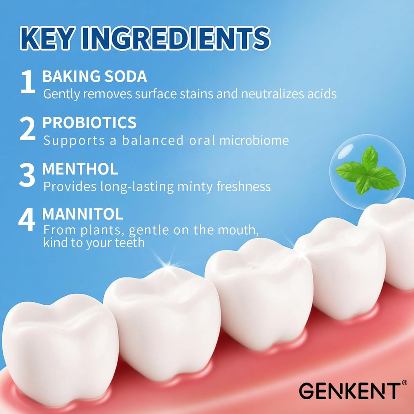 GENKENT Toothpaste Tablets, Fluoride & Plastic Free Chewable Toothpaste Tabs, Eco & Travel Friendly (60 Count)