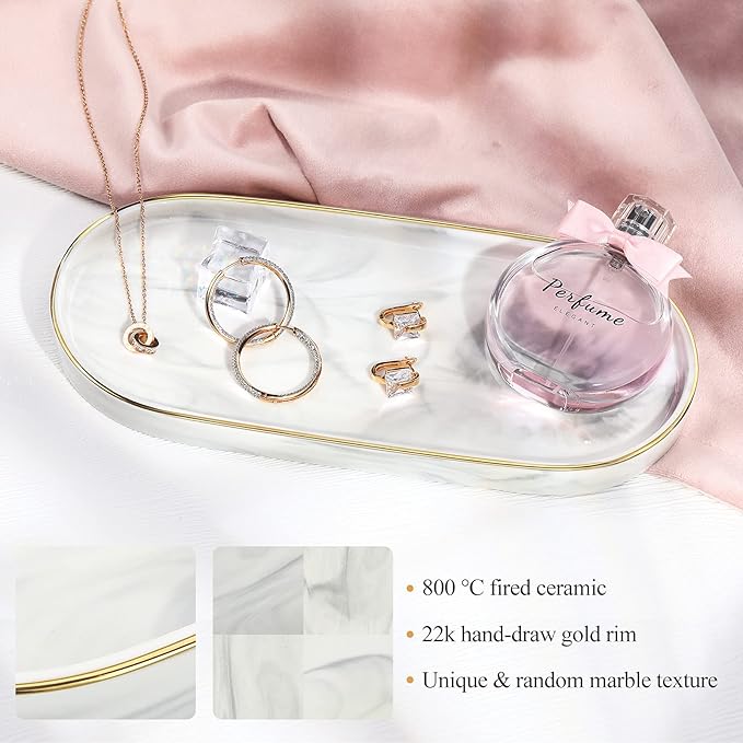 Luxspire Bathroom Vanity Tray, Marble Ceramic Dresser Jewelry Dish with Golden Rim, Decorative Tray Countertop Sink Storage Holder Organizer for Soap Candles Perfume Comestic Home Decor, Marble White