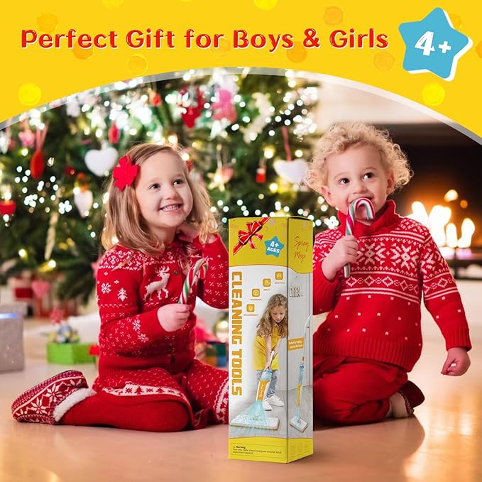 Kids Spray Mop - Toddler Cleaning Set Includes Kids Mop with Real Water Sprayer, Microfiber Pads & Scraper - Pretend Play Montessori Housekeeping Toys Gifts for Toddlers Girls Boys Aged 4+