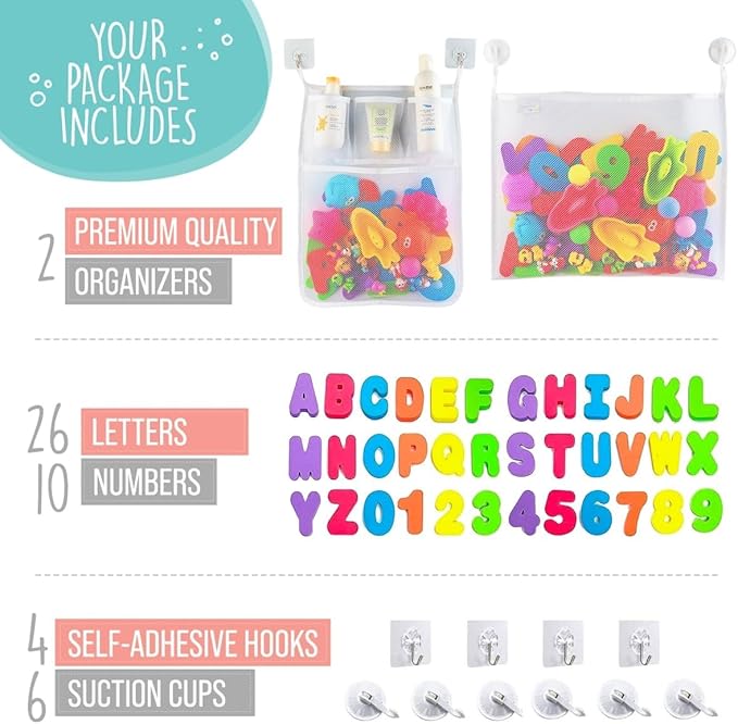 Comfylife 2 x Mesh Bath Toy Organizer + 6 Ultra Strong Hooks + 36 Bath Letters & Numbers – Eco-Safe, Fun, Educational Foam Letters and Perfect Toy Storage Net for Baby Bath Toys & More
