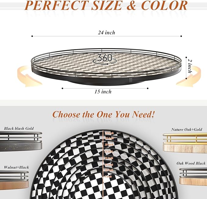 24" Black and White Kitchen Lazy Susan Turntable, Round Checkered Decorative Tray, Large Lazy Susan for Dining Table Centerpiece, Pantry, Kitchen, Bathroom, Countertop, Cupboard, Home Decor
