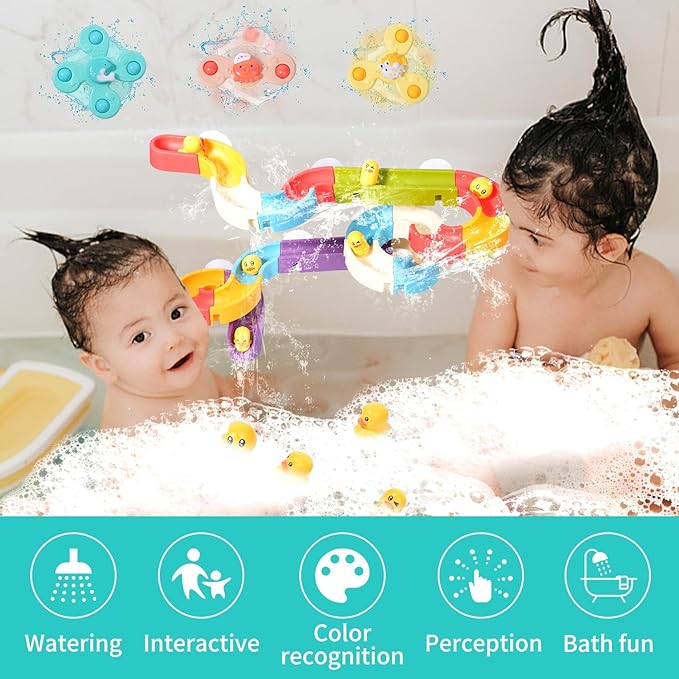 Bath Toys Toddlers（37PCS） Duck Slide Bath Toy Track with 3 Rotating Suction Cups Toys,Bath Toys for Kids Ages 4-8 , DIY Bathtub Time Birthday Gifts for Toddler Kids 3+ Years Old