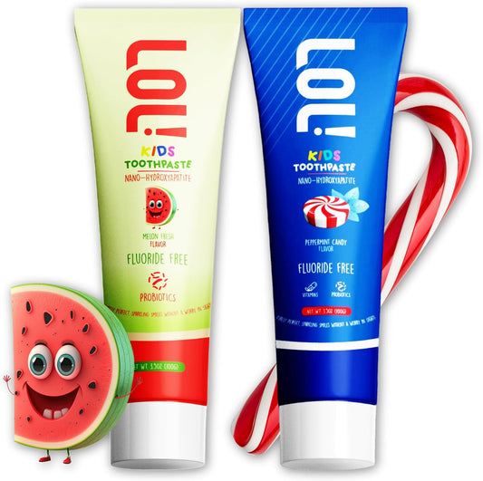 LOL Kids Toothpaste | Fluoride Free 2-Flavors Pack | Nano Hydroxyapatite Toothpaste, Probiotics, Vitamins A, C, E | Safe if Swallowed, No SLS | 1 Melon Flavor, 1 Peppermint