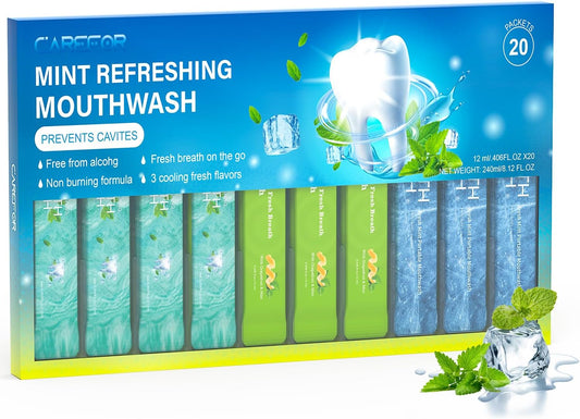 Travel Size Mouthwash Portable Packets to Go,20 Individual Disposable Packs, Alcohol & Fluoride Free, 3 Refreshing Flavors (Fresh Mint, ICY Mint, Grapefruit Mint) Fresh Oral Hygiene (20)