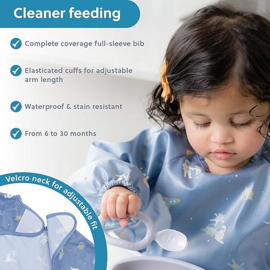 BIBaDO Mess Proof Baby Bib, 2 Pack Long Sleeve Bib, 6 month - 3 Years, Waterproof Bibs for Toddlers, Machine Washable