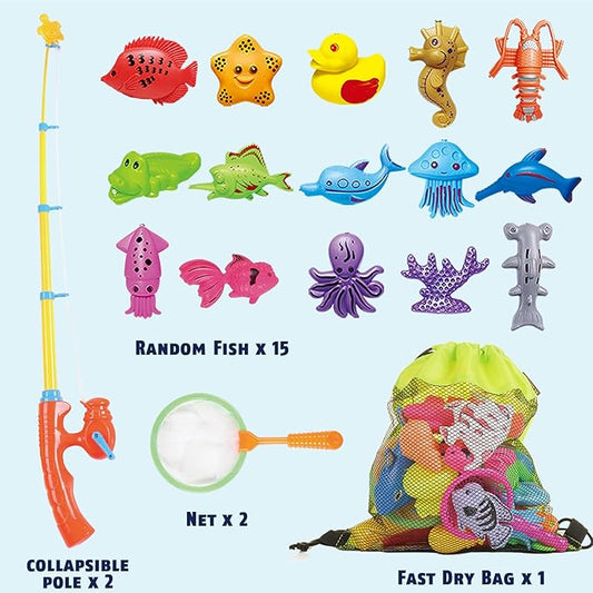 CozyBomB™ Magnetic Fishing Toys Game Set for Kids | Water Table Bathtub Kiddie Pool Party Pole Rod Net, Outdoor Plastic Floating Fish, Toddler Bath Color Ocean Sea Animals Birthday Gift Age 3-5 6 4-8