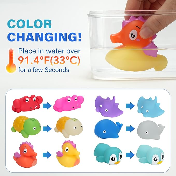 BenBen Bath Toy, 6PCS Color Changing Bath Toys for Kids Ages 1-3, No Holes Baby Bath Toys for Toddlers 2-4, Ocean Sea Animal Bathtub Toys
