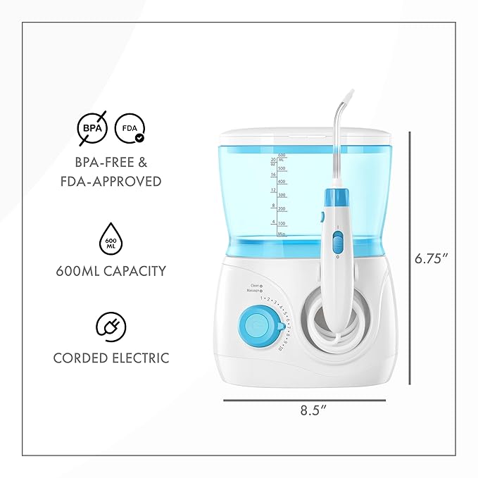 ToiletTree Products Children's Countertop Water Flosser - Dental Oral Irrigator for Kids - BPA-Free Dental Water Flosser with 600mL Capacity and Adjustable Water Pressure - Blue