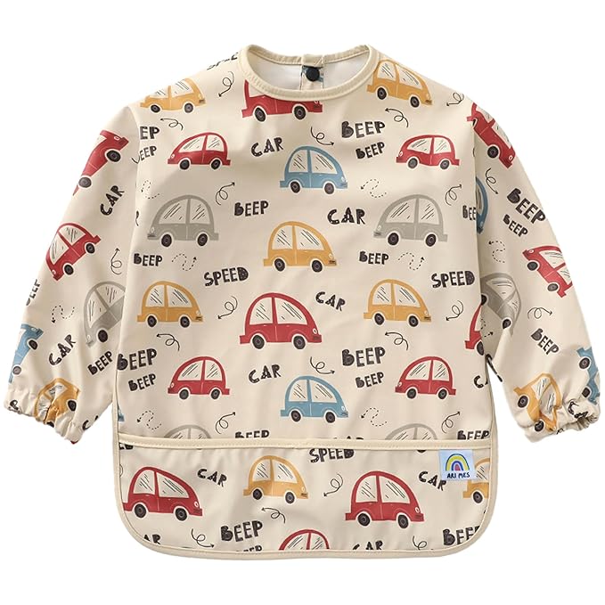 ARI MES Long Sleeves Waterproof Baby Bibs for Eating - Cars, Large- Wearable, Coverall for Toddler, Long Sleeve Bib, Smock for Toddler, Apron for Feeding - Applicable for 6-72 Months