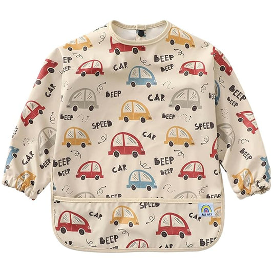 ARI MES Long Sleeves Waterproof Baby Bibs for Eating - Cars, Large- Wearable, Coverall for Toddler, Long Sleeve Bib, Smock for Toddler, Apron for Feeding - Applicable for 6-72 Months