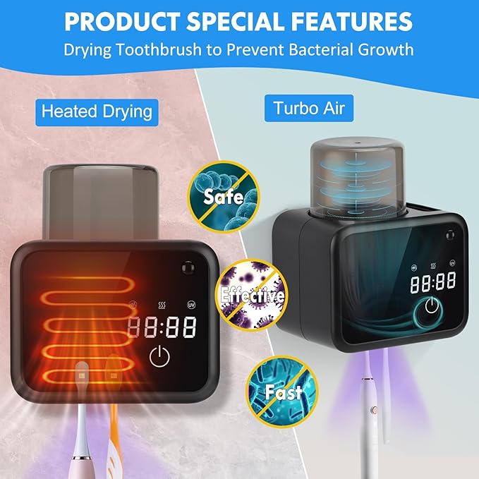 Wall Mounted Toothbrush Cleaning Holder, 2 Slots Toothbrush Cleaner with LED Screen, Timer and Cup, Smart UV Toothbrush Storage with Heating and Fan Drying for Bathroom Organizer & Decor - Black