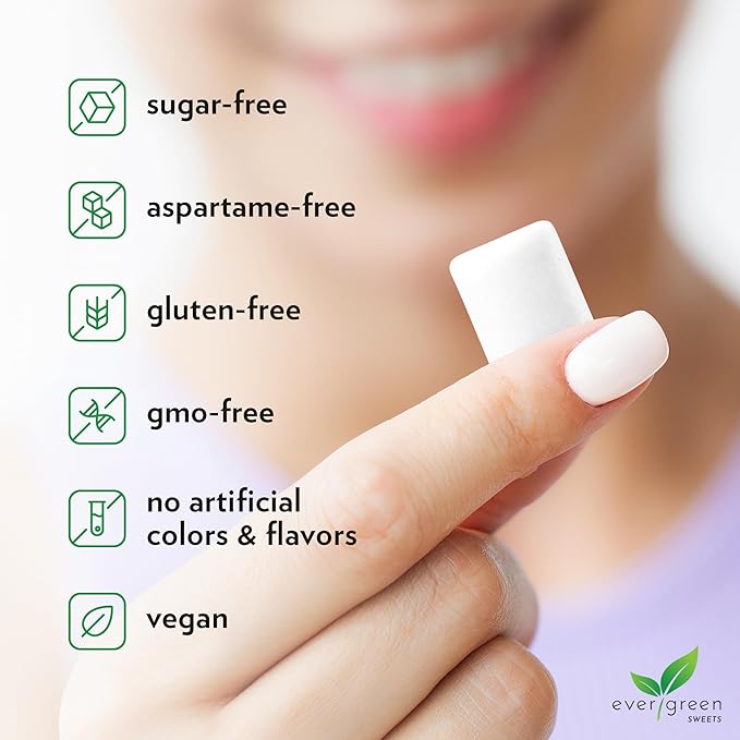 Evergreen Sweets Chewing gum -100 Pieces Jar - Natural Spearmint Gum Made with Xylitol and Stevia - Sugar-Free, Aspartame Free and Vegan