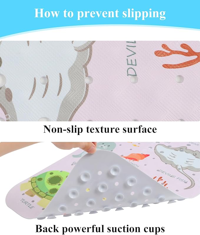 Bath Mat for Tub Non Slip, Machine Washable Anti-Slip Cartoon Baby Bathtub Shower Mat with Drain Holes and Suction Cups for Toddler & Kids, 40 Inch x 16 Inch, Pink Sea Animals