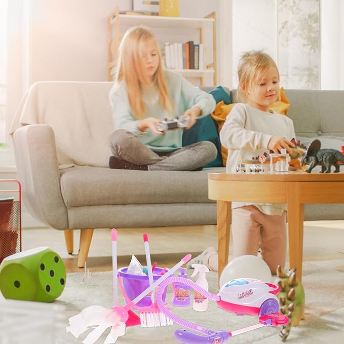 Kisangel Pretend Vacuum Cleaner for Boys and Multifunctional Cleaning Tools Kit with Broom Mop and Bucket Enhances Skills and Imaginative Play No Battery Needed Playhouse Random Color
