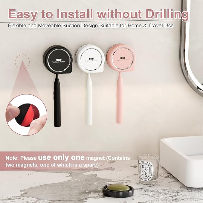 UV Toothbrush Sanitizer Holder, Toothbrush Sanitizer and Holder Cover Caps with Fan Drying, Rechargeable Portable Toothbrush Cleaner Case Fits Most Electric and Manual Toothbrushes (Pink)