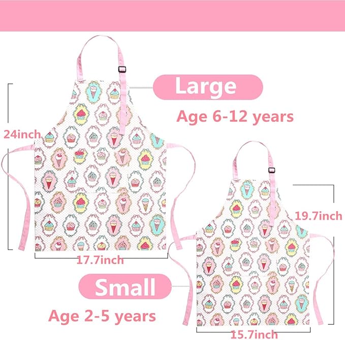 Kids Apron and Chef Hat Set, Adjustable Cotton Child Aprons with Large Pocket Cute Girls Boys Kitchen Bib Aprons for Cooking Baking Painting