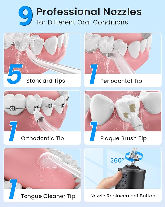 Water Flosser, Cordless Water Dental Flosser, 9 Jet Tips 5 Modes 300ML IPX7 Waterproof, Portable Rechargeable Oral Irrigator for Home Travel - Gums, Orthodontic, Braces Care - Black